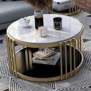 Luxury Round Marble Top Coffee Table with Gold Finish Metal Base and Storage