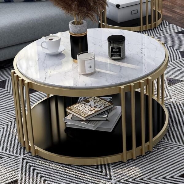 Luxury Round Marble Top Coffee Table with Gold Finish Metal Base and Storage