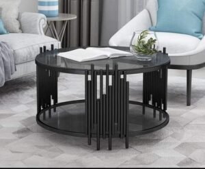 Contemporary Round Black Metal Coffee Table with Vertical Rods