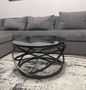 Modern Black Metal Orbital Coffee Table with Glass Top