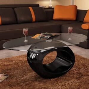 Contemporary Oval Glass Top Coffee Table with High-Gloss Sculptural Base