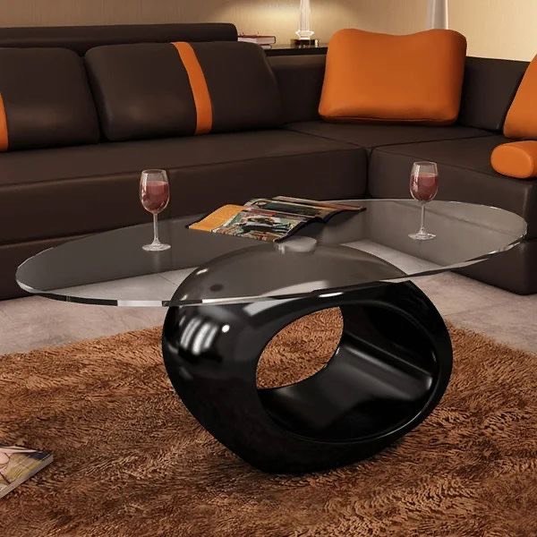 IMG_3599 Contemporary Oval Glass Top Coffee Table with High-Gloss Sculptural Base