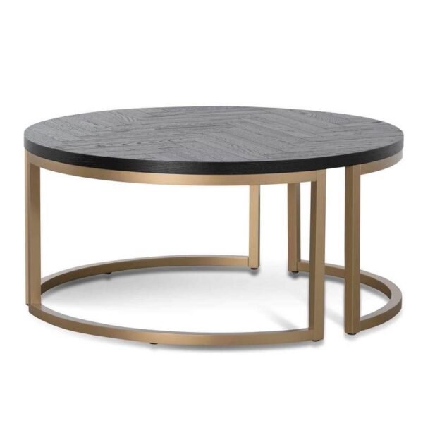 Contemporary Round Coffee Table with Black Herringbone Top and Brass-Finished
