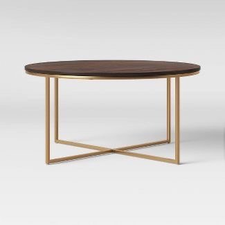 Round Wood Top Coffee Table with Metallic X-Base