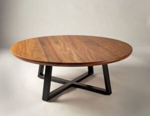 Rustic-Industrial Round Coffee Table with Solid Wood Top and Metal X-Base
