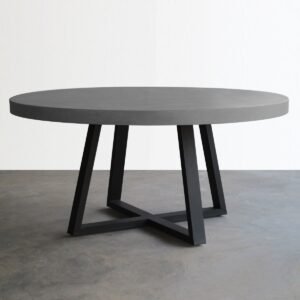 Industrial Round Table with Dark Concrete-Effect Top and Metal X-Base