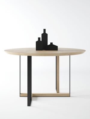 Minimalist Round Wood Coffee Table with Mixed-Material Geometric Base