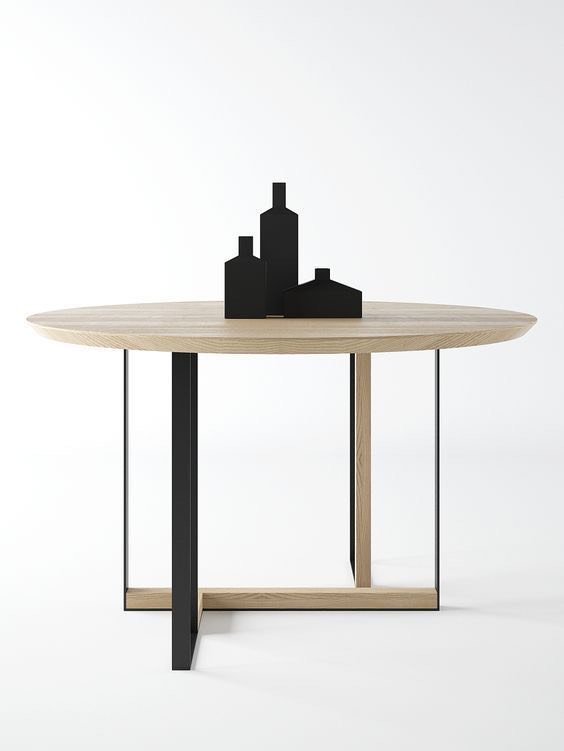 Minimalist Round Wood Coffee Table with Mixed-Material Geometric Base
