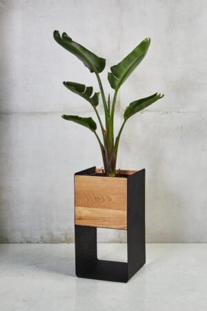 Modern Industrial Planter Stand with Wood and Perforated Metal