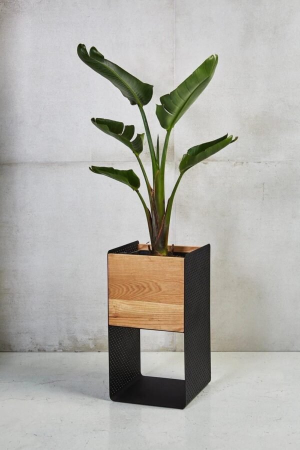 Modern Industrial Planter Stand with Wood and Perforated Metal