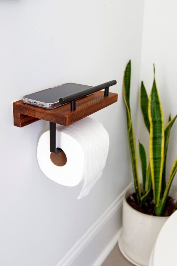 Contemporary Wood and Metal Wall-Mounted Toilet Paper Holder with Shelf