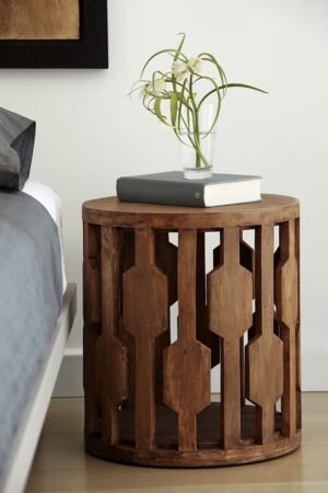 Hand-Carved Wooden Drum Accent Table