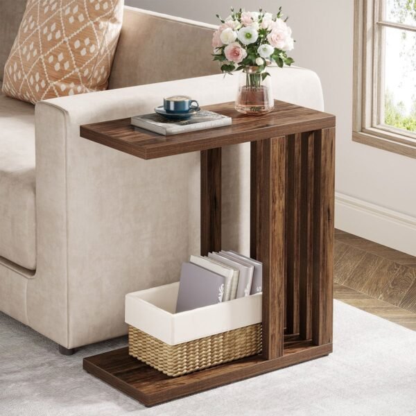 Dark Wood C-Shaped End Table with Storage