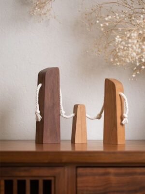 Set of Three Abstract Wooden Figurines with Rope Accent