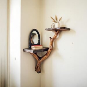 Two-Tier Corner Wall Shelf with Natural Branch Support
