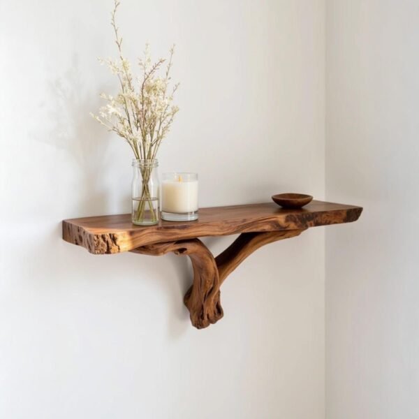 Rustic Live Edge Wood Wall Shelf with Natural Branch Support