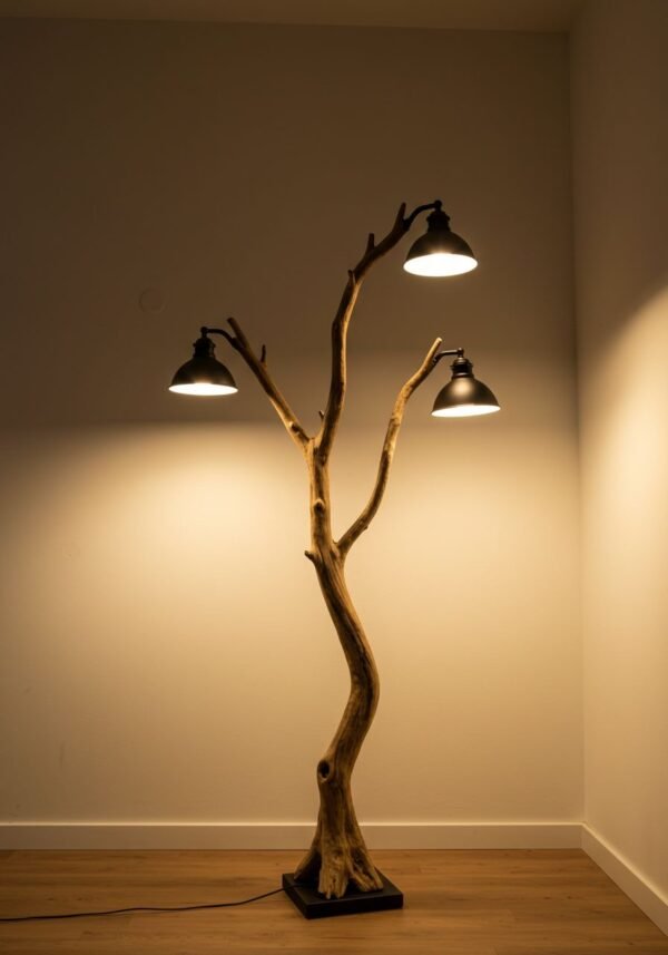 Artisan Natural Wood Tree Branch Floor Lamp with Triple Industrial Spotlights
