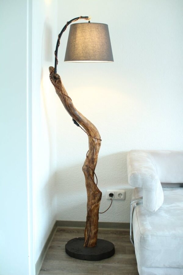 Rustic Natural Wood Floor Lamp with Curved Log Base and Fabric Shade